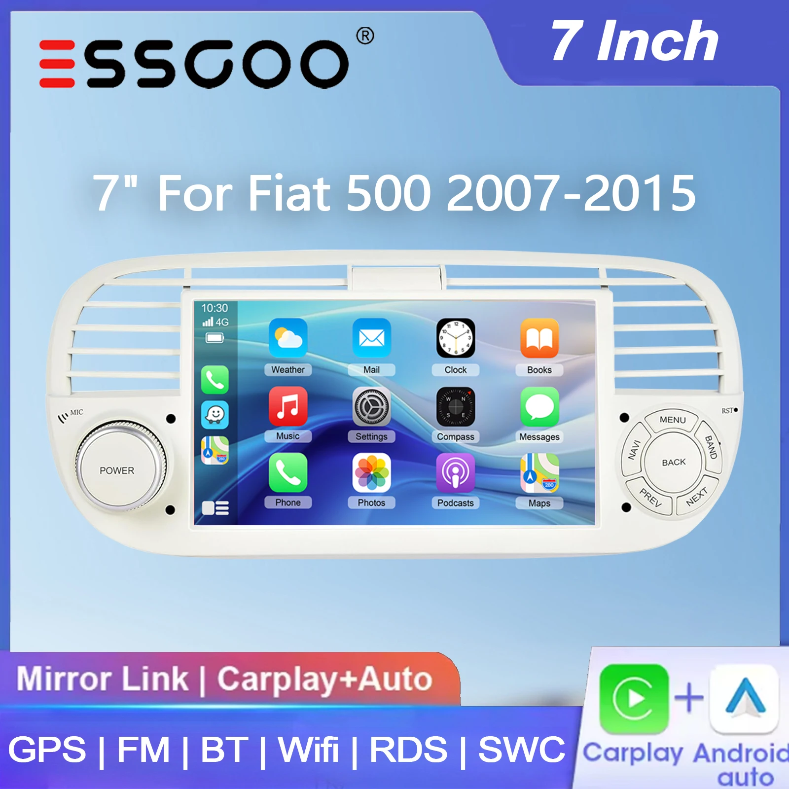 ESSGOO 7" Sistema Wince / Android 15 4+64G Carplay Wireless Android Auto per FIAT 500 2007-2015 Autoradio Stereo GPS Navigazione FM BT WiFi RDS SWC Mirror Link Lettore Multimediale Video Schermo Touch