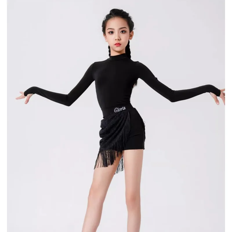 カスタマイズされたラテンダンススーツエレガントなハイネック背中の開いた長袖トップ不規則なタッセルスカート練習パフォーマンス衣装セット