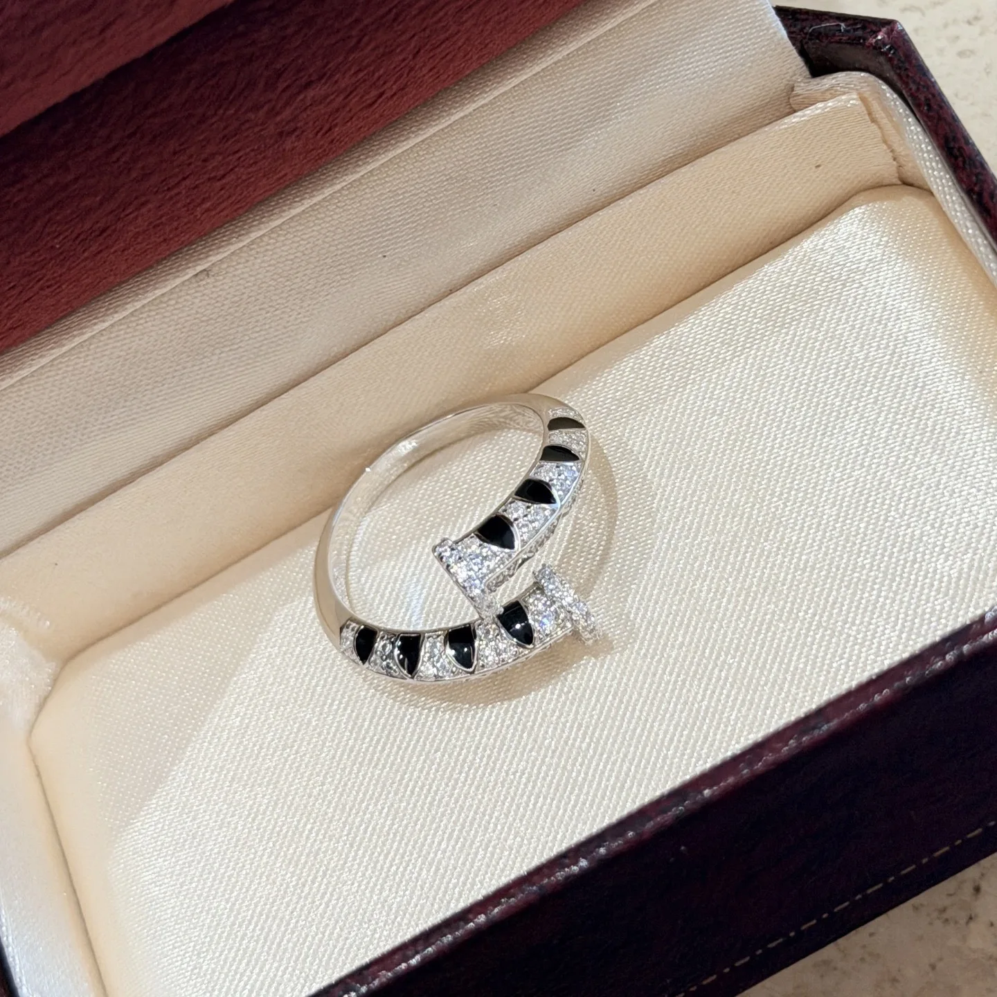 Trendy Real 925 Sterling Silver Open Ring For Women Leopard Spot Pave Black Enamel Rhodium Plated Anniversary Gift Fine Jewelry