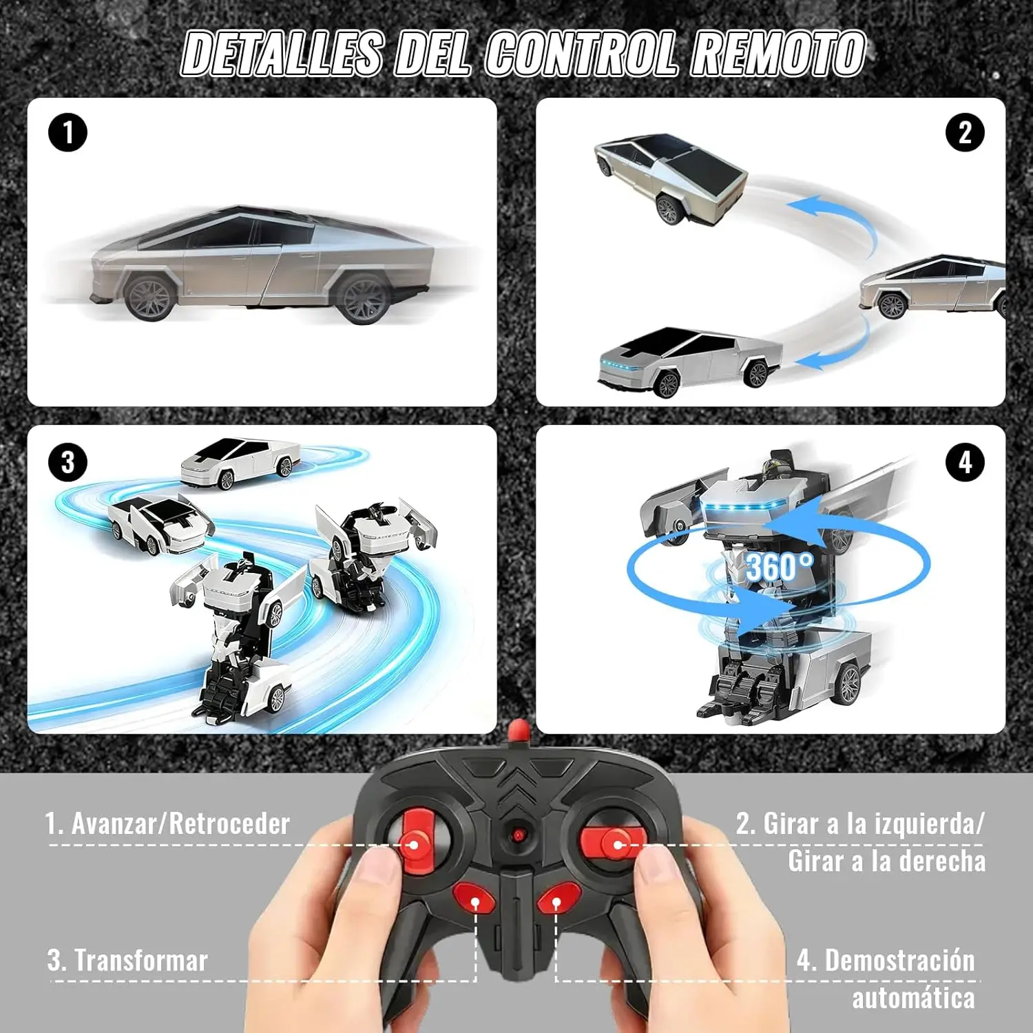 Samochód-transformer RC 2.4G - Transformacja jednym przyciskiem 360 °   Zabawka dla dzieci: driftujący pojazd z efektem chłodnego światła, automatyczna demonstracja, ładowanie przez USB, idealna na prezent.