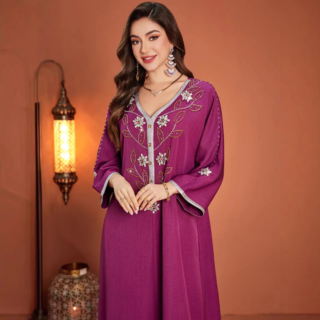 Rosy Purple Loose Fit V-neck Long Sleeve Beading Casual Elegant Trendy Daily Abaya Dresses for Women Muslim New Evening Clothes