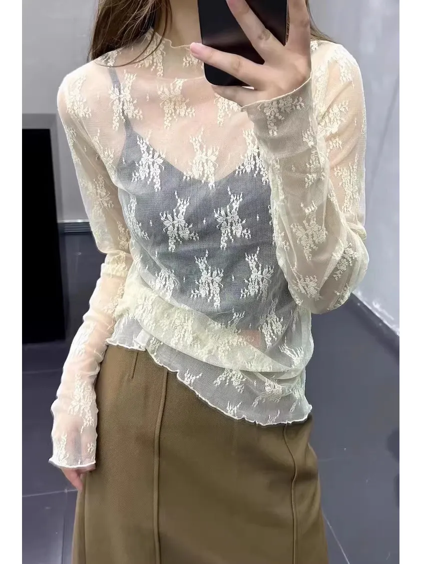 

Sexy Lace Mesh Top High Collar Thin Base Shirt Soft Skin-friendly Inner Wear Bottom Shirt Korean Style Fashionable Women's Cl...
