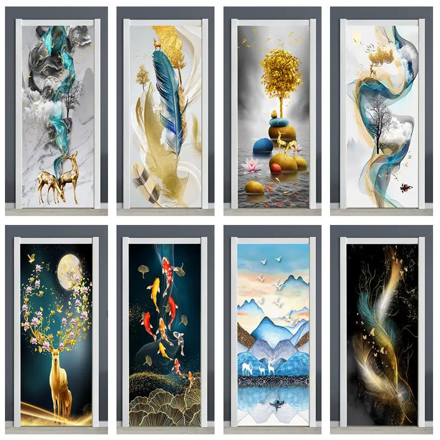 

Self Adhesive Door Sticker Deer Feather Fish Wallpaper Hallway Bedroom Decor Mural Peel & Stick Furniture Decoration Door Poster