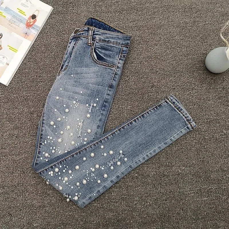 

Ladies Heavy Industry Skinny Beading Jeans For Women Spring Summer High Waist Blue Denim Pants Korean Beading Stretch Jeans Pant