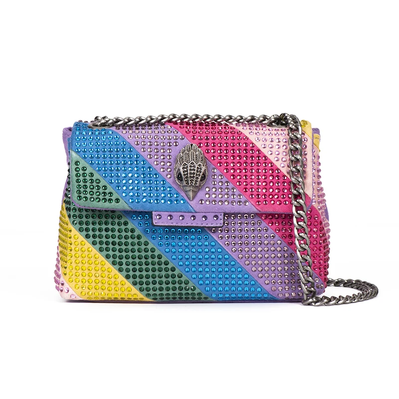 New Design Fabic Women Bag Crystal Embellishment  Quilting Pattern Rainbow Purple Patchwork Jointing Purse