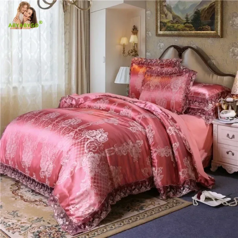 Nordic King Size Bedding Set Luxury Lace Satin Jacquard Duvet Cover Set Bed Linen Queen Comforter Top Quality for Adults 220x240