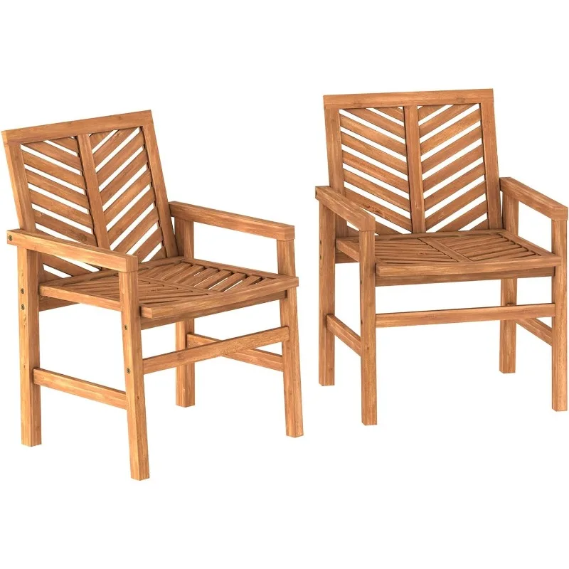 Walker Edison 2 Piece Outdoor Patio Chevron Wood Chair Set All Weather Backyard Conversation Garden Poolside Balcony, Set of 2