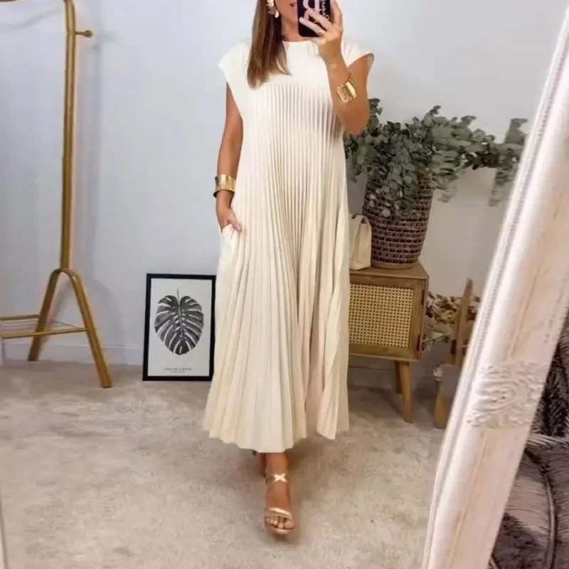 Fashion Round Neck Sleeveless Loose Pleated Dress Elegant Beige Dresses Casual Maxi Dress for Women Office Lady Clothes 28011