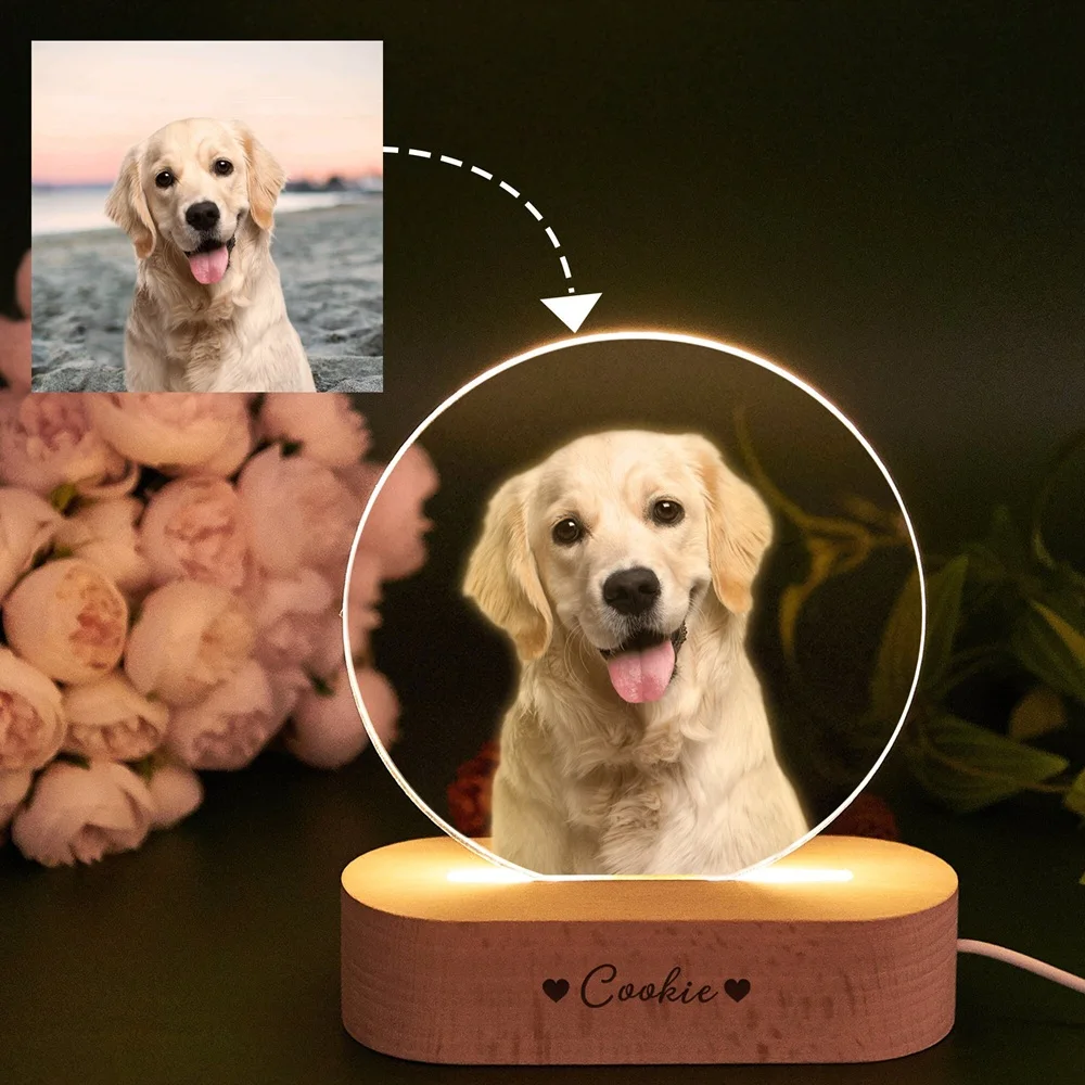 

Personalized Pet Memorial LED Plaque Custom Photo and Name Wooden Stand Light Loss Dog Cat Sympathy Gift Home Bedroom Decor