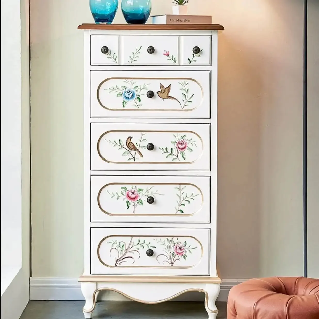 

FG44American retro pastoral painting five-bucket living room side cabinet bedroom bedside and bedside storage cabinet
