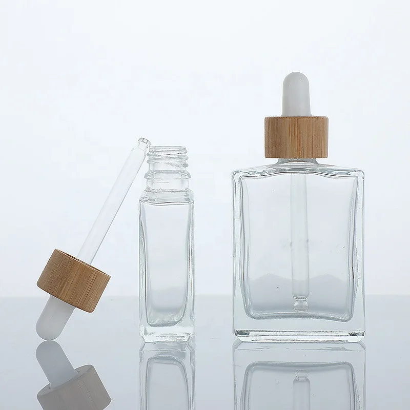 Square Clear 30ml 50ml 100ml Essential Oil Rectangle Glass Dropper Bottles with Pipette bamboo top Cap 15ml 1 oz