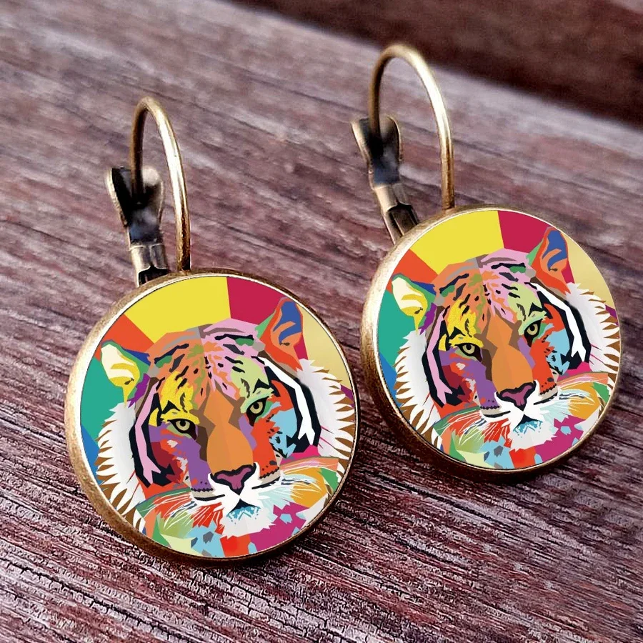 2024 moda arte tigre brincos floresta rei tigre vidro cabochão brincos vida selvagem feminino francês earhook jóias presente