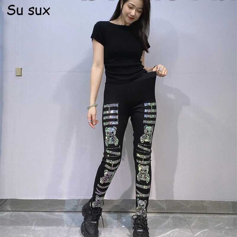 Sequins Cartoon Bear High Waist Tights Black Pants For Woman Casual High Elastic Slim Pant Vestidos Leggings Streetwear 2026