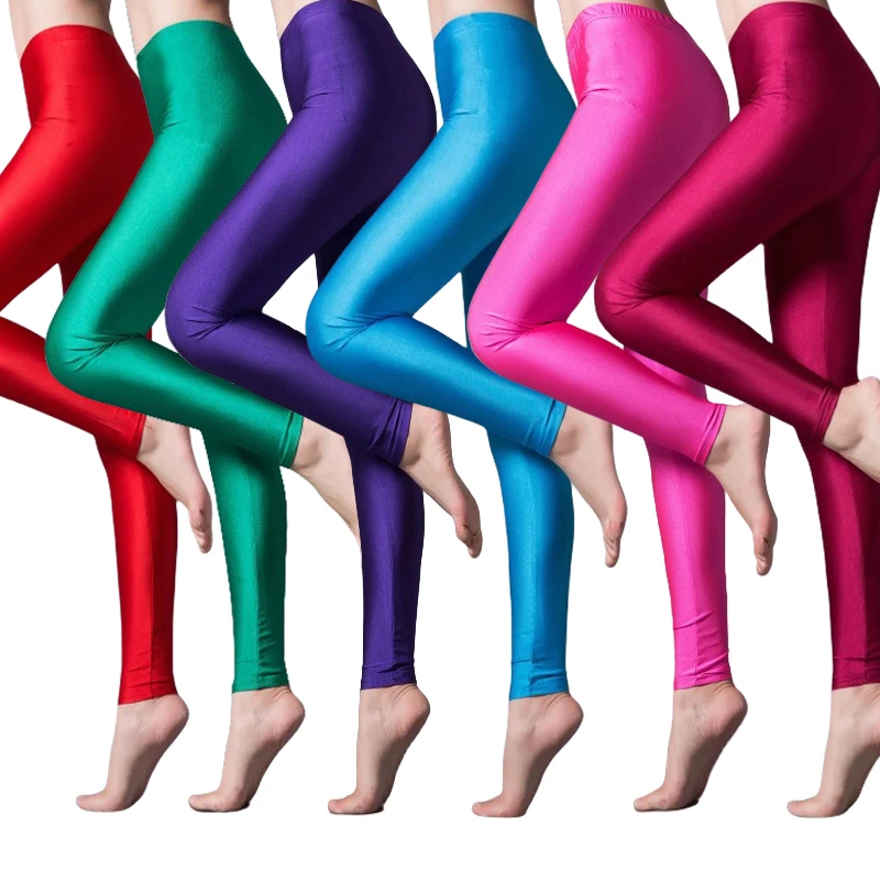 Women\'s Neon Green Neon Yellow Show Slim Leggings Shiny High Stretch Push Up Pants Performance Glossy Opaque Show Tights 50-80kg