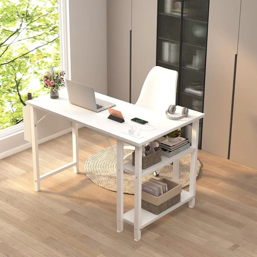 White L Shaped Computer Desk with Power Outlet Shelves, 40 Inch Small Reversible Corner Desk for Small Space Home Office, LShape