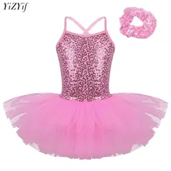 Kids Girls Ballet Dance Leotard Dress Ballerina Sequined Tutu Dress Rhythmic Gymnastics Bodysuit Dress Stage Performance Costume