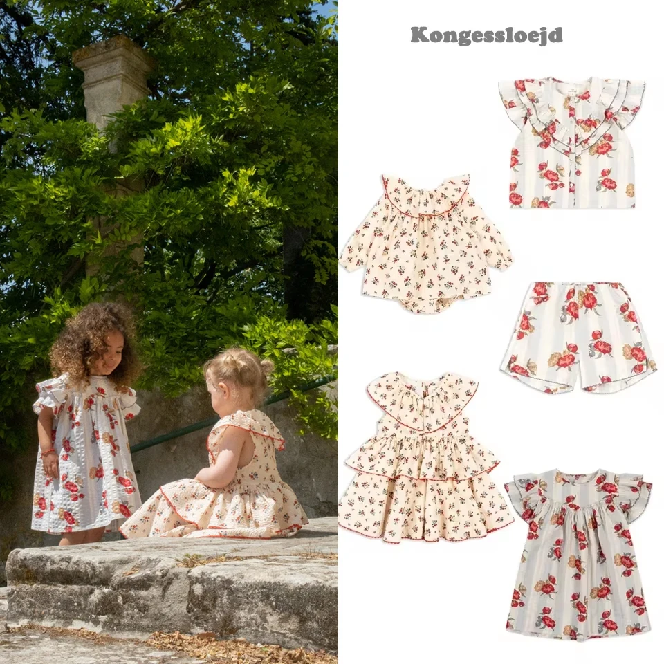 

Summer Kid Flowers Dress Rompers Girls Short Sleeves New KS 2024 Children Dress Baby Girl Top And Bottom Sets Child Cute Clothes