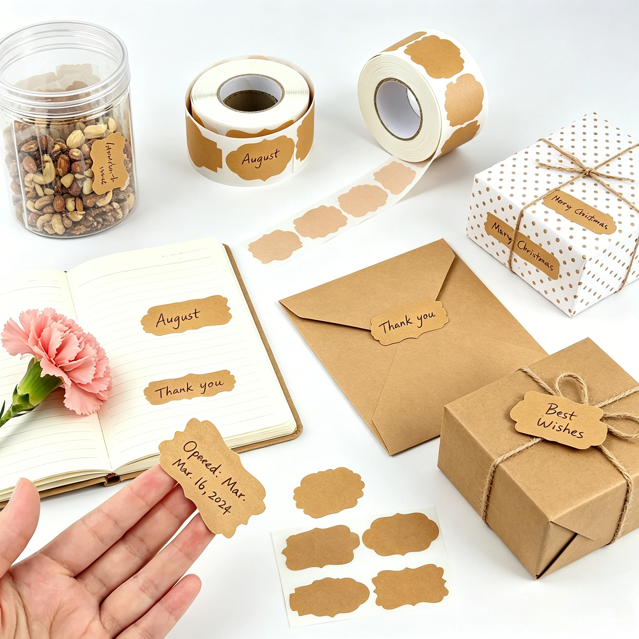 250pcs-800pcs Kraft Paper Stickers Self-adhesive Label Paper Items Classification Name Stickers Personalized Labels Food Note