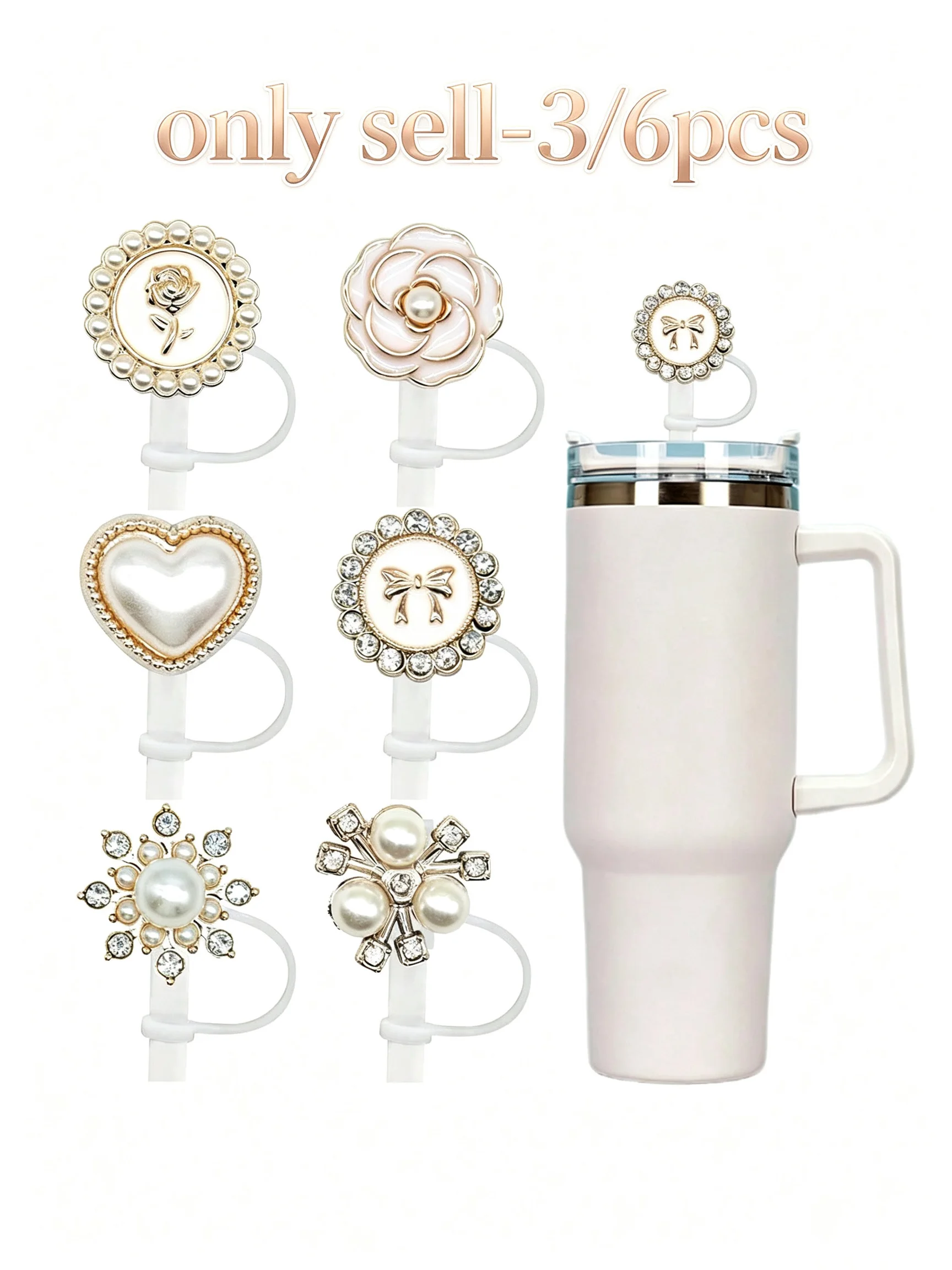 3/6 Pack Sparkling Pearl Straw Covers for 40/30 Oz Insulated Cups Cute Accessory for Ladies And Girls Birthday Gift