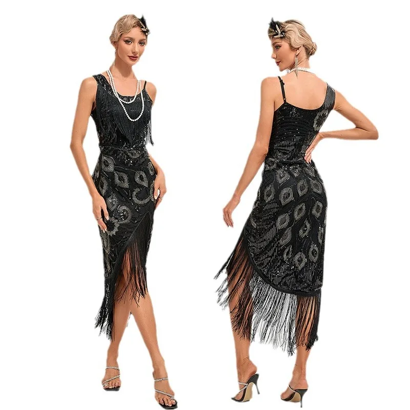 1pcs/lot retro style woman fashion spaghettie strap sequin tassel latin dress lady long sexy dancing dress