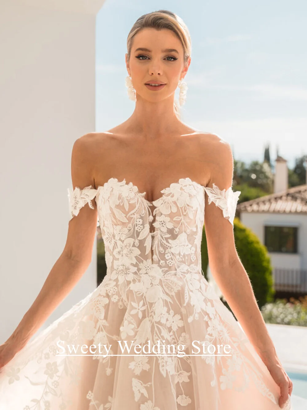 فرشاة الوردي فساتين الزفاف مخصصة العميق الخامس الرقبة قبالة الكتف الدانتيل زين قطار المحكمة مشد ثوب الزفاف فساتين العروس