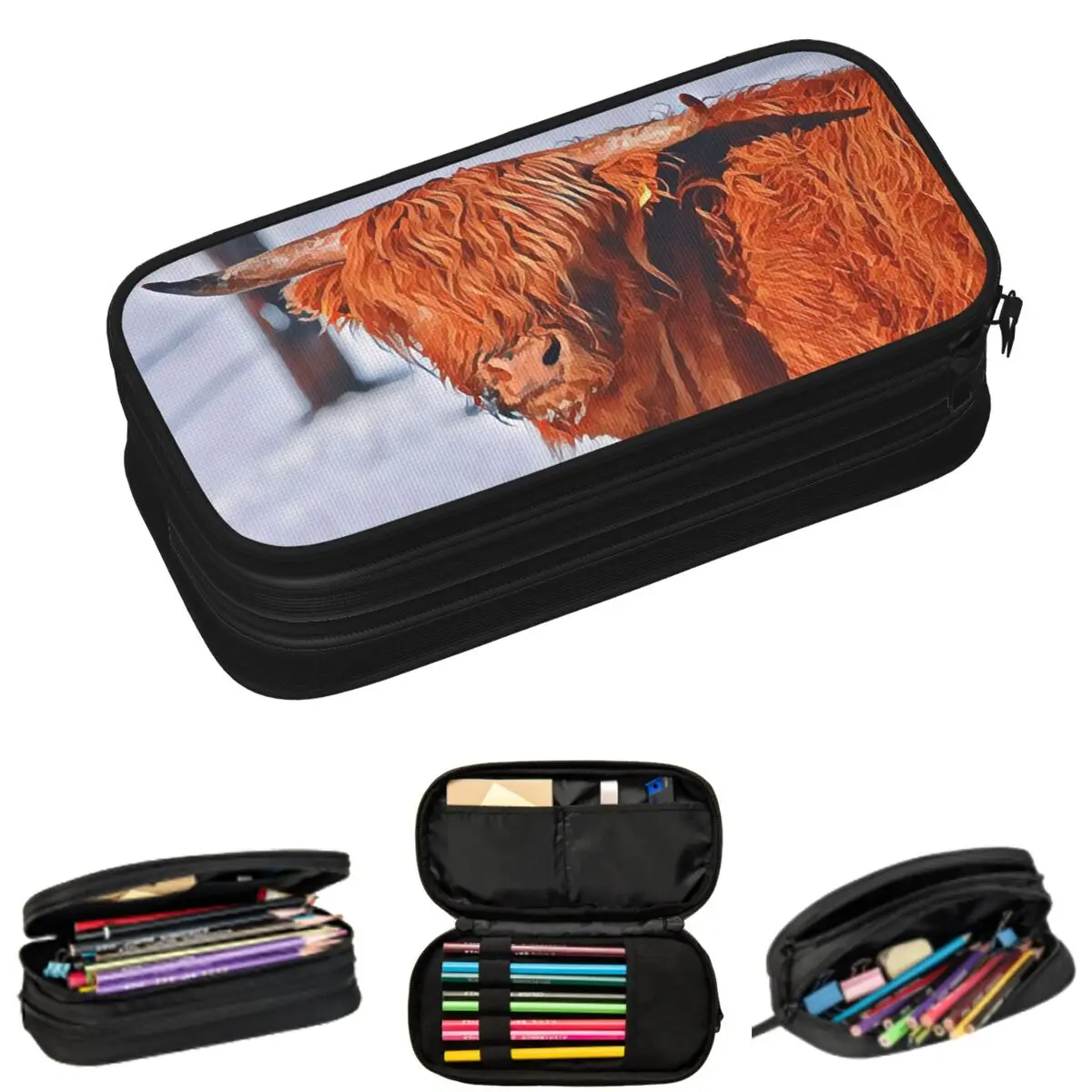 

Пеналы с изображением коровы Хайленд в снегу для студентов, подарочные пеналы, пеналы-коробки, пеналы-косметички большой вместимости