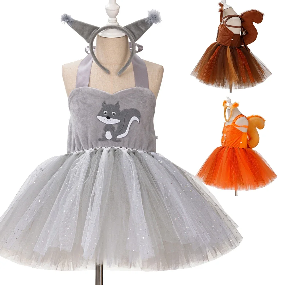 Fantastic Squirrel Girls Tutu Dress with Fur Ears Headband Kids Halloween Animal Costume for Cosplay Birthday Party Fancy Dress