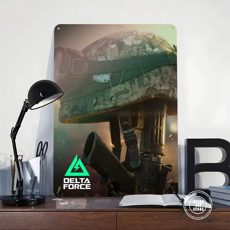 Delta Force: Military Helmet and Rifle Metal Poster Custom Wall Art Retro Vintage Tinplate Signs for Man Cave Room Accessories
