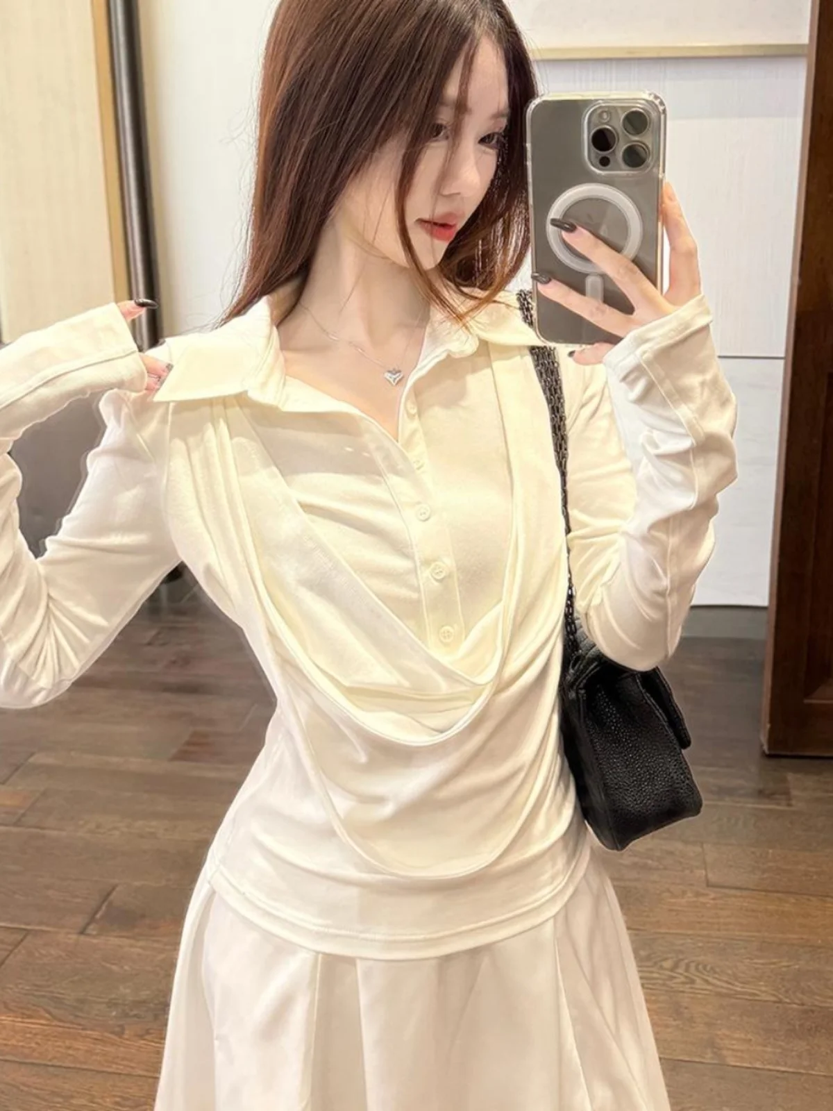 

Slim Fit Long Sve T-irt Women's Autumn Winter Design Sense Spicy Girl Casual Commute Sle Korean Version Ins Trendy Top