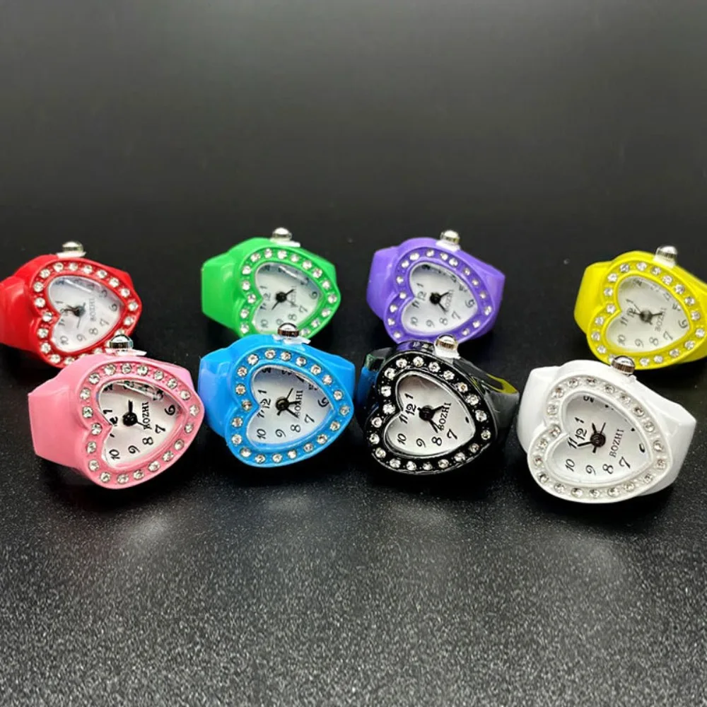 New Fashion Heart-shaped Watch Ring for Women Colorful Dial Inlay Zircon Stainless Steel Case Quartz Movement Mini Clock Jewelry