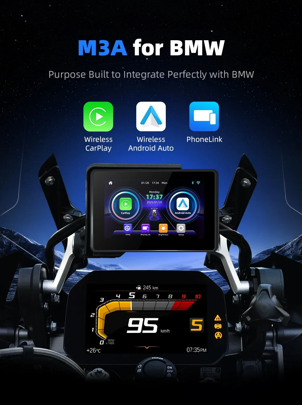 

Exclusive 5 Inch CarPlay Screen Designed for BMW Motorcycle IP67 Waterproof 1000nit Touch Display M3A