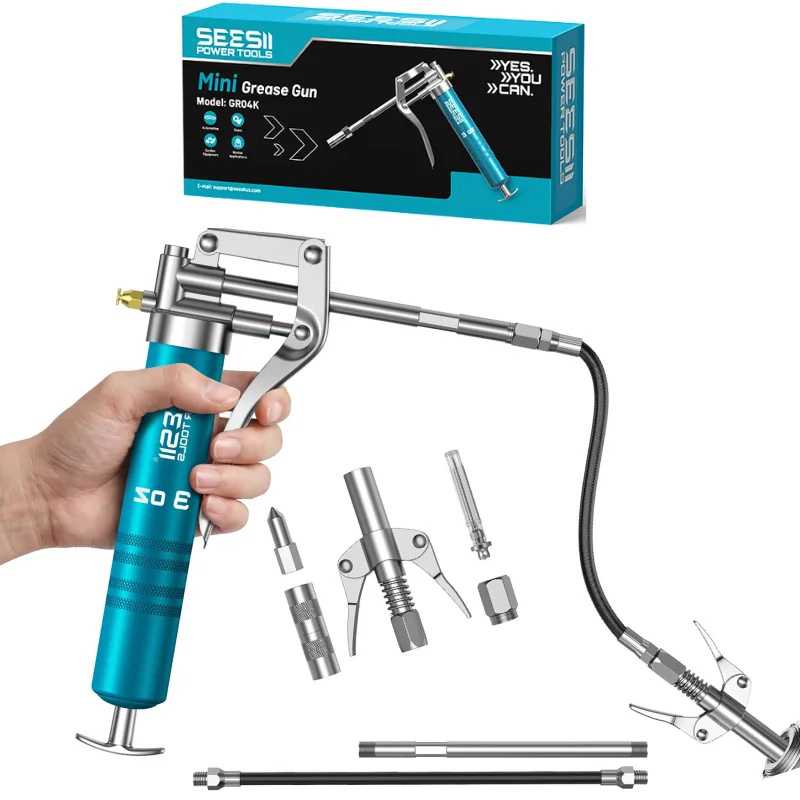 Seesii 3Oz 4000 PSI Portable Small Grease Gun Mini Grease Gun Kit Oil Change Tool for Easy Priming Works with Air Bleed Valve Cartridge 4 Reinforced Couplers for Automotive Marine