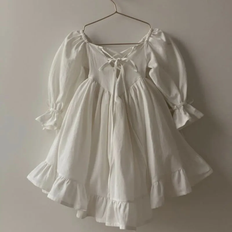 2025 New Spring European American Style 2-6Yrs Baby Girl Party Dress Long Sleeved Solid Color Linen Cotton Kids Princess Dresses