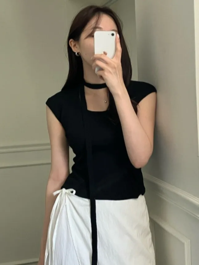 

Slim Fit Vintage Summer Knitwear Women's Square Collar Hanging Ne Sa Small Flng Sve Knitted irt Chic Vertical Stripes