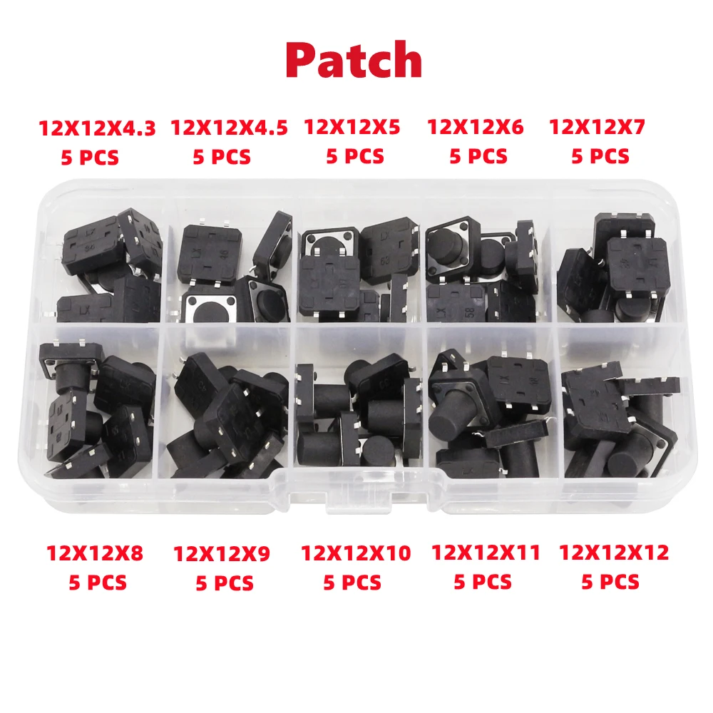 50 PCS 10 Models 12*12 Tact Switch Tactile Push Button Switch Kit Height: 4.3 5~12MM DIP 4P Micro Switch 12x12 Key Switch