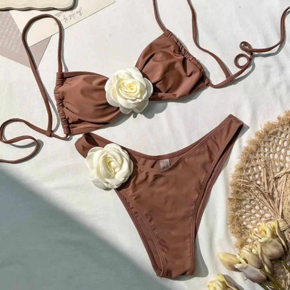 Bikini da donna, bretelle regolabili, schiena aperta, reggiseno con decorazioni floreali 3D Set di slip ad asciugatura rapida, costumi da bagno, costumi da bagno brasiliani