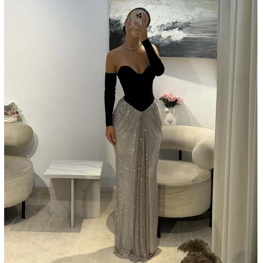 

Luxury Evening Dresses Woman Glitter Strapless Prom Dress Removable Sleeves Shiny Wedding Party Gown Customized