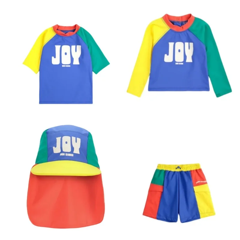 Kids Color Block Long Sleeved Swimsuit  Boys Swimwears  Baby  Swimwear  Boy Board Shorts   Vacation Sunscreen Swimsuits Sun Hat