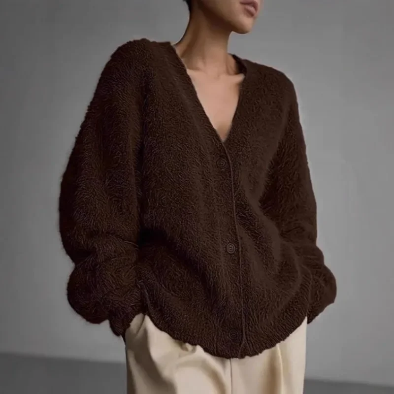 

Woman Shaggy Cardigan Knitwear Korea Clothes Retro V Neck Knitting Shaggy Cardigan Single-Breasted Button Thick Oversize Sweater