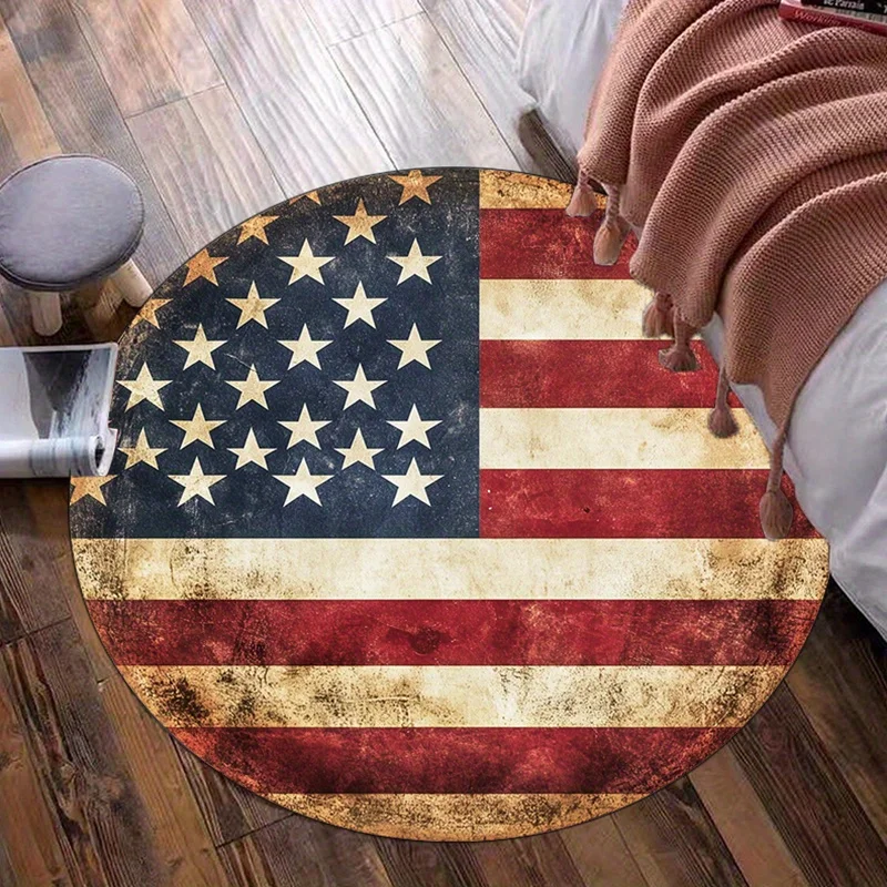 Vintage American Flag Round Rug Patriotic USA Design Home Decor Bedroom Living Room Floor Mat Soft Non Slip Area Rug
