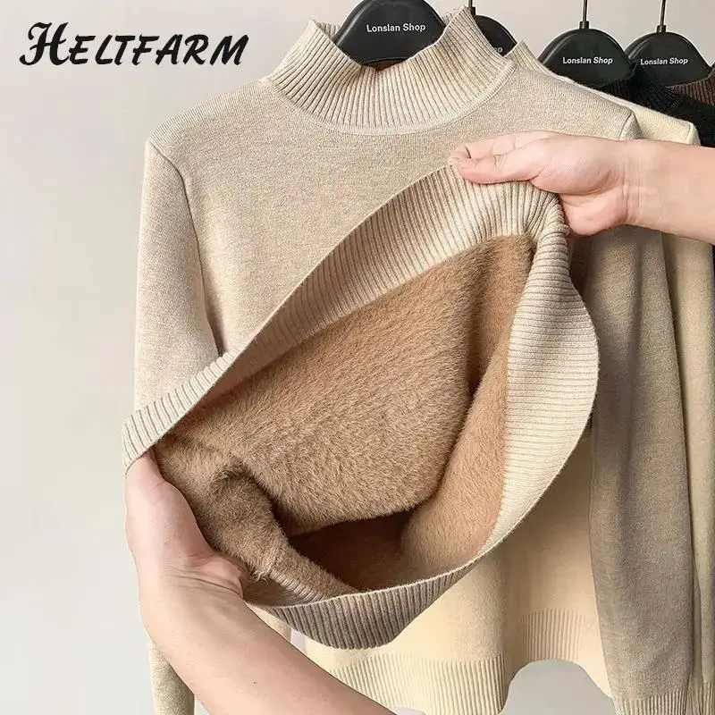 Solid Color Turtleneck Plus Velvet Pullover Sweater Women All-match Soft Thick Knitted Inner Outwear Women Sweater