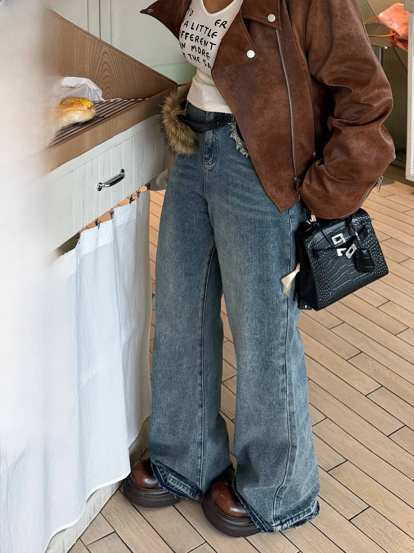 

Джинсы женские Zhou Home, увеличенный размер, микро-клеш, с высокой талией, широкие штанины, винтажные, стройнящие, с контролем живота