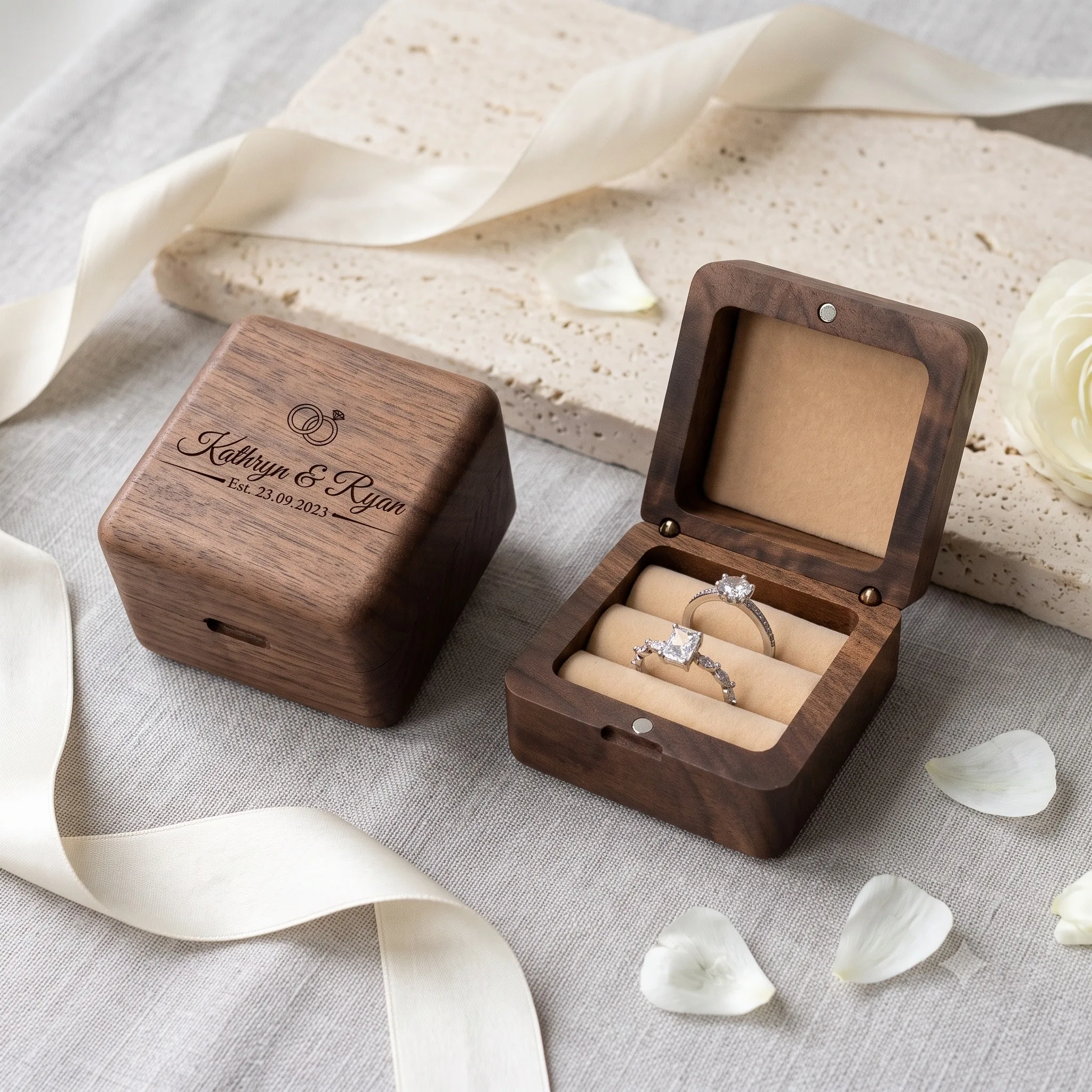 Personalized Walnut Wood Double Ring Box for Wedding Proposal Custom Engraved Engagement Ring Bearer Jewelry Gift Case