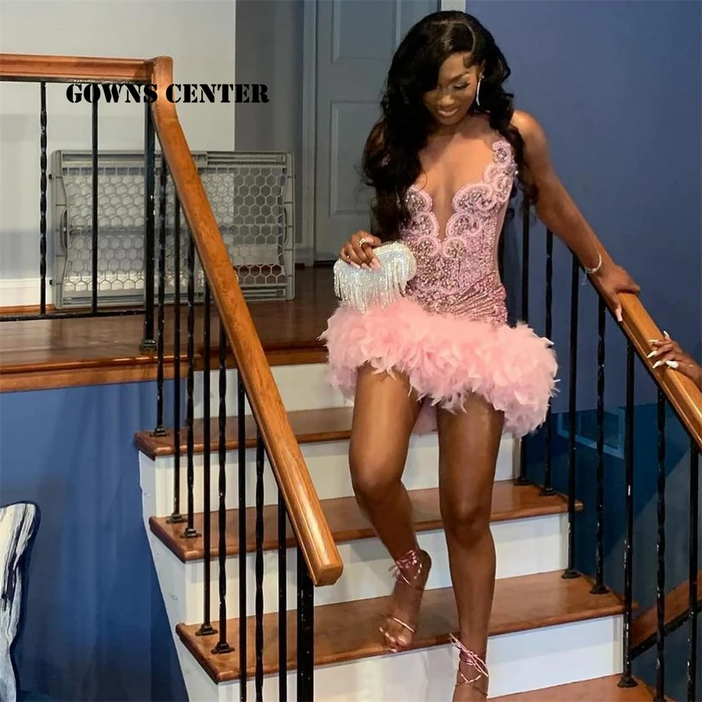 Baby Pink Feather African Rhinestone Prom Dress 2024 Aso Ebi Black Girl Cute Wedding Dress Birthday Party Formal Gown Customized