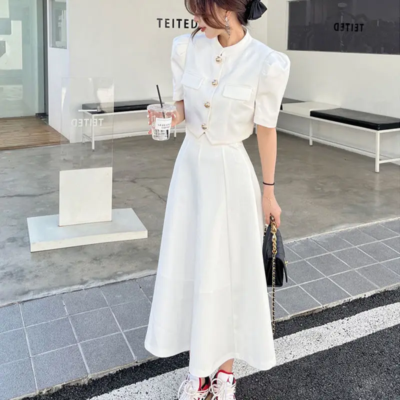 Women\'s French Casual Stand Up Collar Blazer A-line Half Skirt Set Vintage Bubble Sleeve Pockets Suit Half Skirt Two-piece Sets