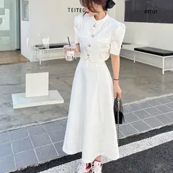 Women's French Casual Stand Up Collar Blazer A-line Half Skirt Set Vintage Bubble Sleeve Pockets Suit Half Skirt Two-piece Sets