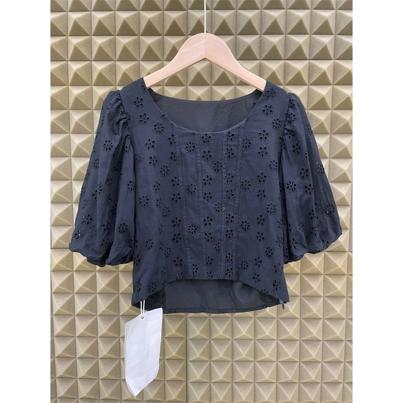 

Fashionable Short Sleeve Embroidered Hollow out Bubble Sleeve Shirt Women's High Waist Short Length Top Korean Style Commute