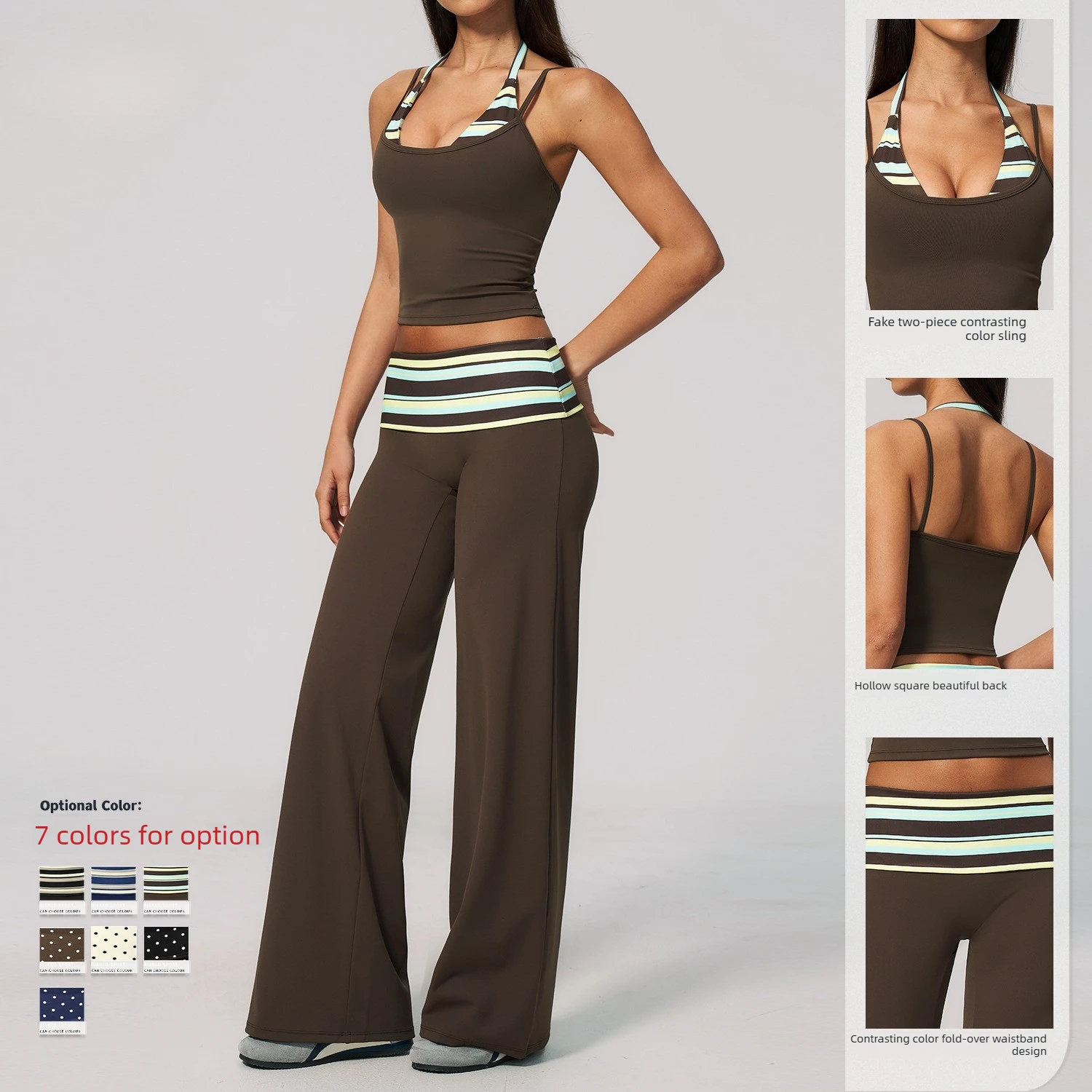 Stretchy Yoga Workout Set Women Mock Two-Piece Halter Crop Top Polka Dot Fold Over Waist Wide Leg Trousers Gym Training Suit