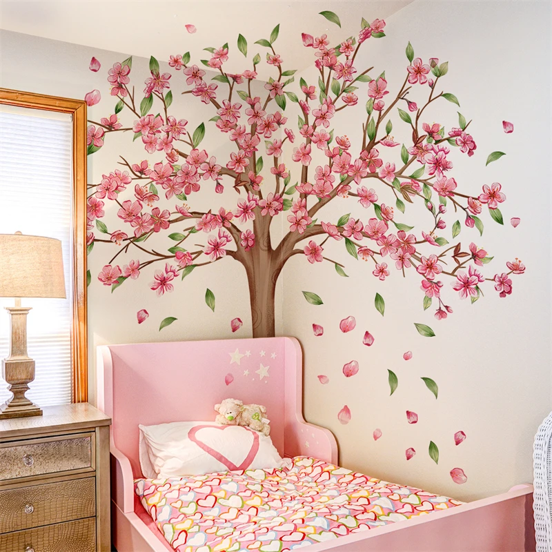 Pegatinas de pared de árbol de flores rosas grandes para sala de estar, decoración del hogar, papel tapiz extraíble, habitación de niños, dormitorio de niña, Mural artístico de pared