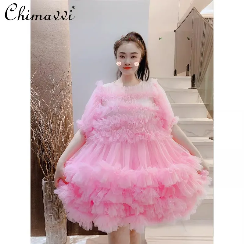 

2025 Summer New Korean Fashion Sweet Heavy Industry Mesh Stitching Fairy Puffy Cake Dress Elegant Women's Princess Dress